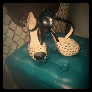 Black and Cream Studded Peep Toe Pumps